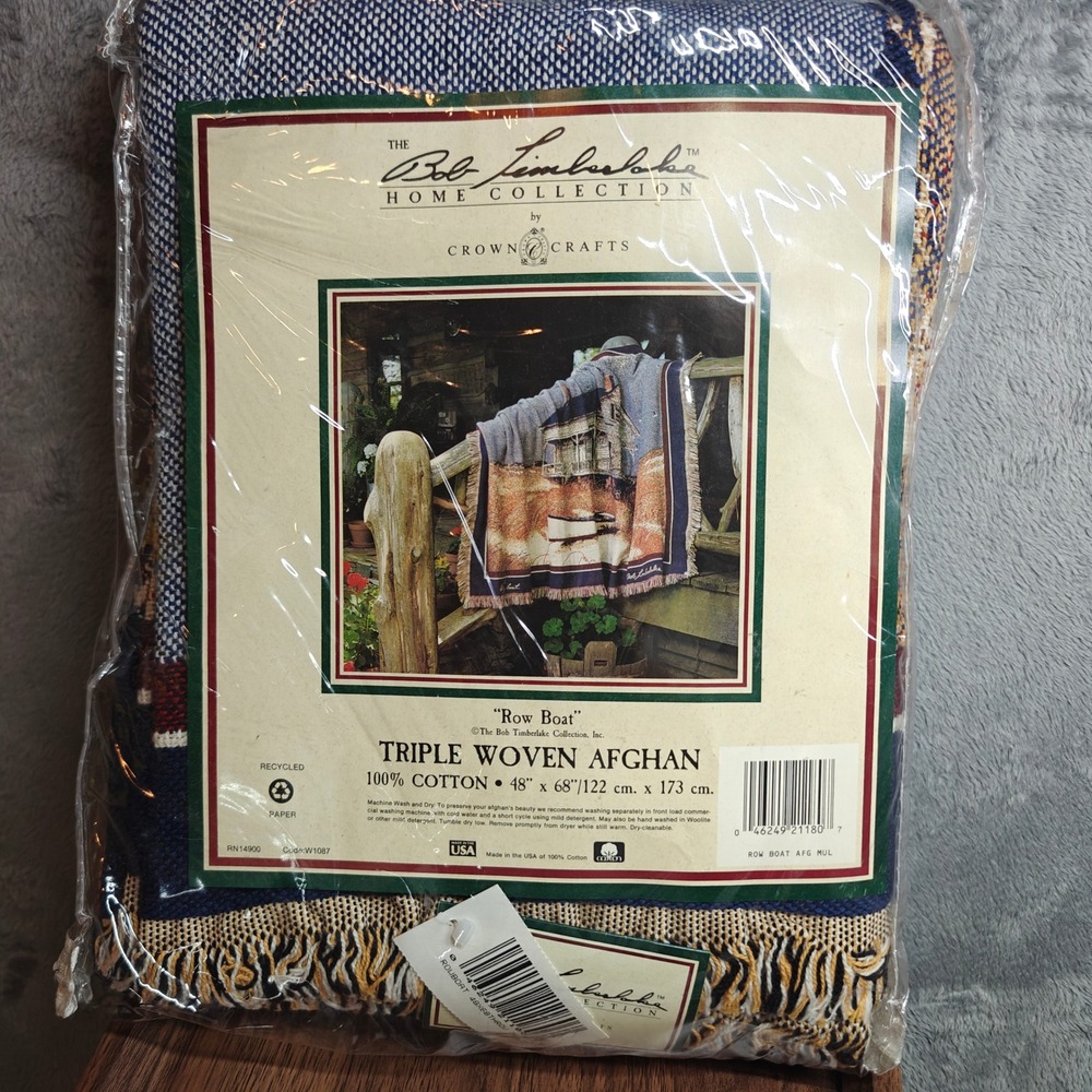 Bob Timberlake Row Boat Woven Afghan Blanket 48x68 Cotton USA Made Beachhouse